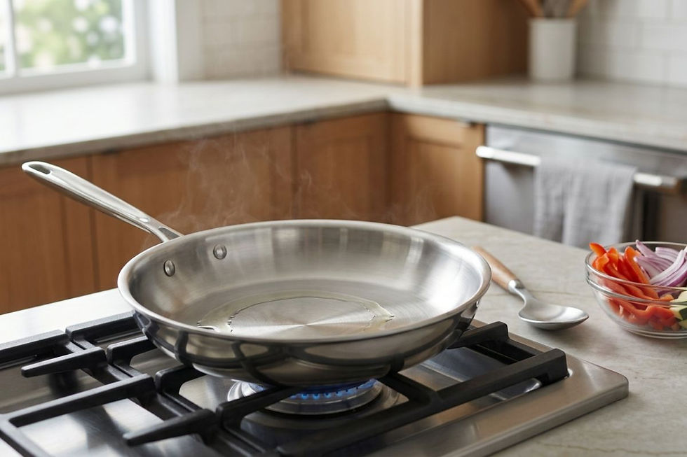 Stainless steel frying pan preheating with a thin layer of oil on a gas stovetop beside prepared vegetables.