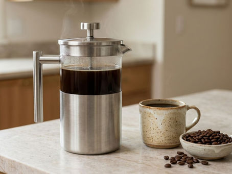 Stainless steel and glass French press coffee makers with coffee cups on a stone countertop