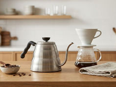 Stainless steel gooseneck kettle beside a pour-over coffee setup on a wooden kitchen counter.