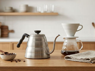 Stainless steel gooseneck kettle beside a pour-over coffee setup on a wooden kitchen counter.
