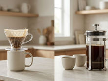 Split view of pour-over coffee brewing and a prepared French press in a bright kitchen.