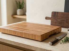 A thick wooden cutting board styled on a calm kitchen counter with herbs and a chef’s knife.