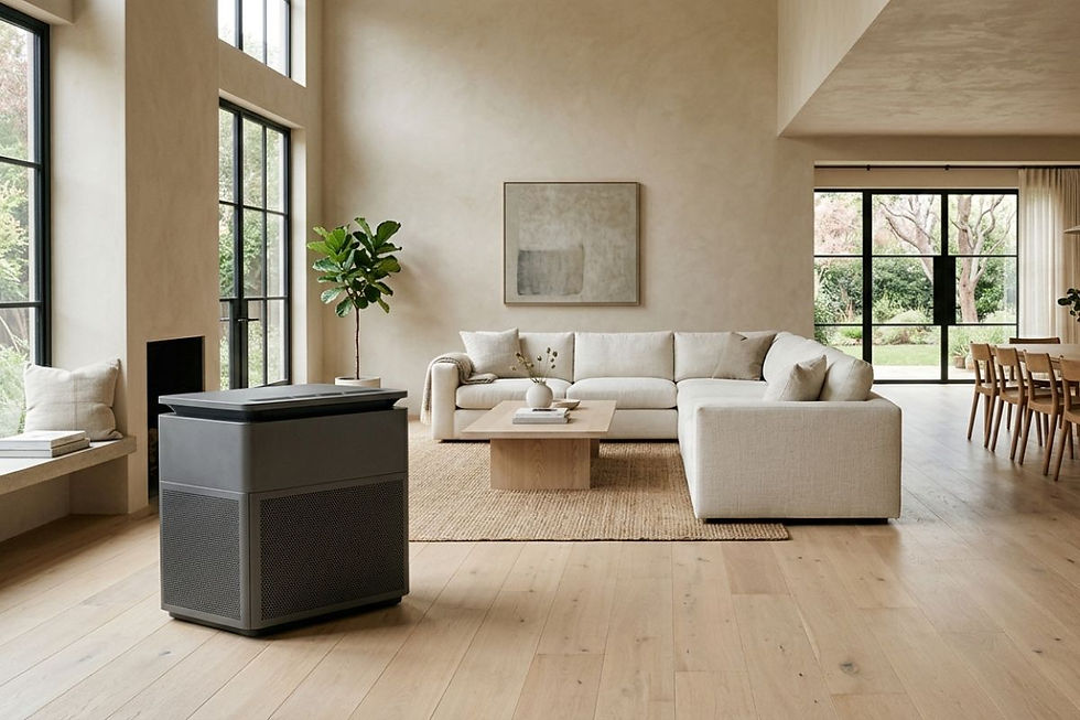 Large floor-standing air purifier in a spacious open-plan living room with high ceilings and a connected dining area.