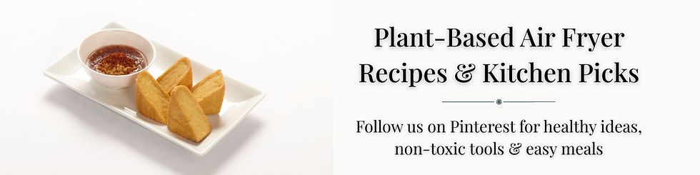 Air-fried tofu triangles with dipping sauce on a white plate next to a banner that reads: Plant-Based Air Fryer Recipes & Kitchen Picks. Follow us on Pinterest for healthy ideas, non-toxic tools & easy meals.
