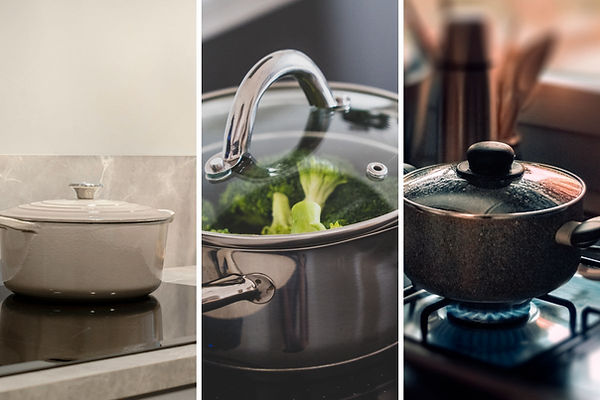 Three types of cookware: ceramic, stainless steel, and non-stick, side-by-side for comparison