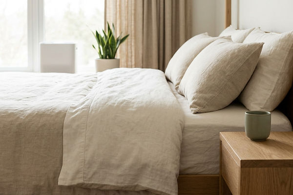 Calm bedroom with linen bedding, wood furniture, a ceramic cup, a plant, and a small air purifier near the window.