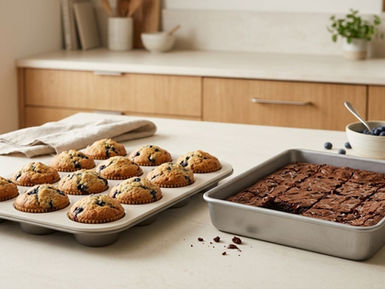 Non-toxic bakeware scene with blueberry muffins in a ceramic-coated muffin pan and brownies in a steel baking pan