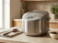 Stainless steel rice cooker on a kitchen countertop with a clean modern design