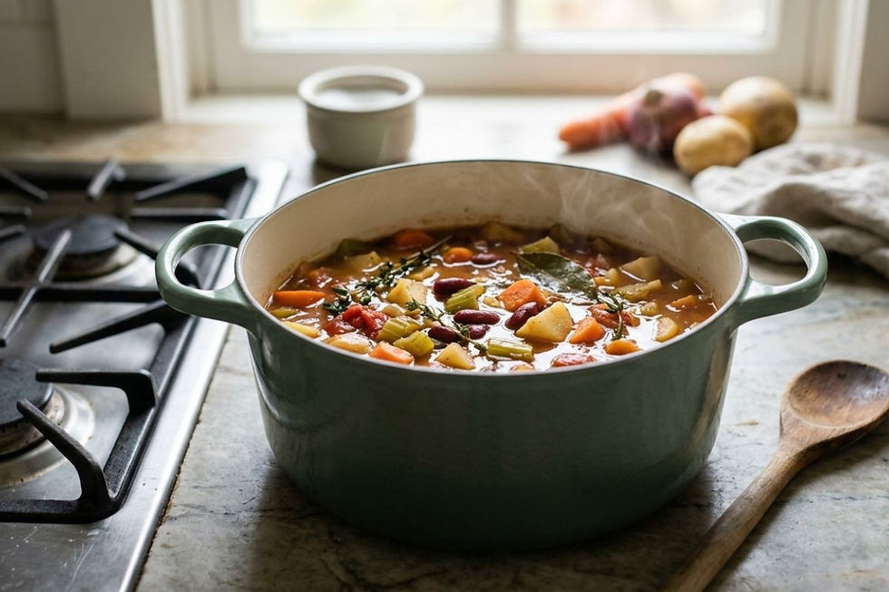 Vegetable stew cooking in a sage green enameled cast iron Dutch oven on a stovetop.