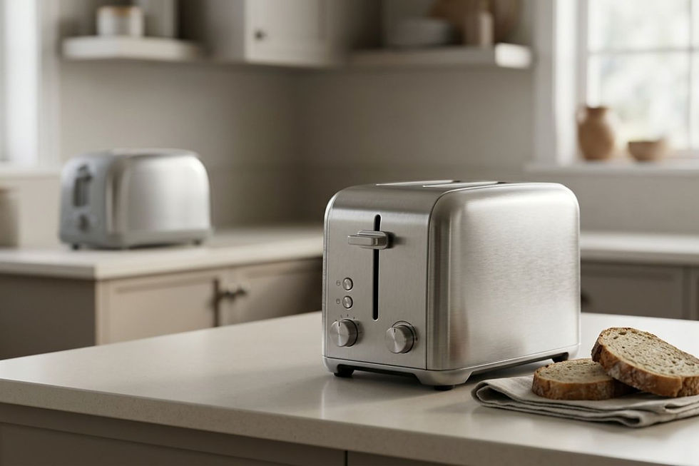 Stainless steel toaster in the foreground of a neutral kitchen with another toaster softly blurred in the background.