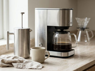 Premium drip coffee maker beside a stainless steel French press, with a glass pour-over brewer softly blurred in the background.