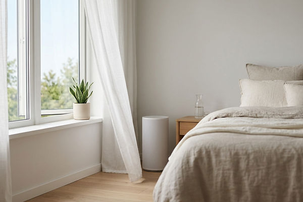 Bedroom with open window, sheer curtains, plant, and air purifier.