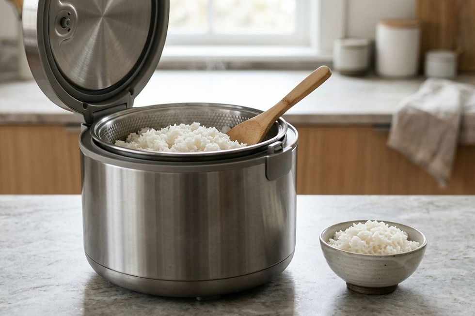 Open stainless steel rice cooker with cooked rice and a wooden paddle, showing a no-coating inner pot.