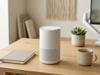 Small desktop air purifier on a clean wooden desk with a notebook, mug, and minimalist workspace decor.