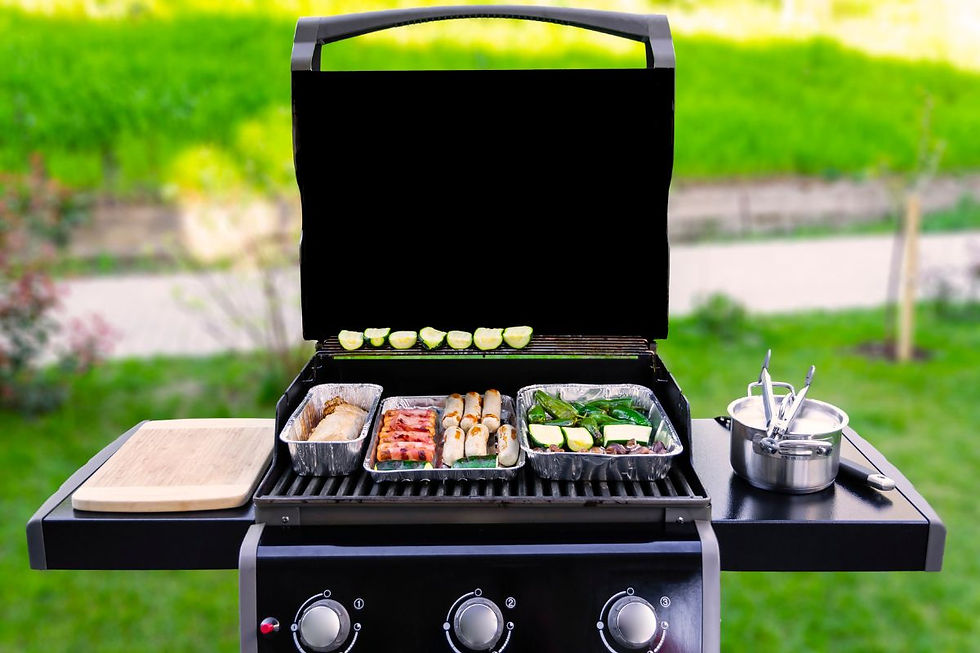 Close-up of fresh vegetables and mushrooms grilling on a propane gas grill