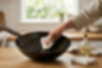 Carbon steel wok being lightly oiled with a cloth after cleaning