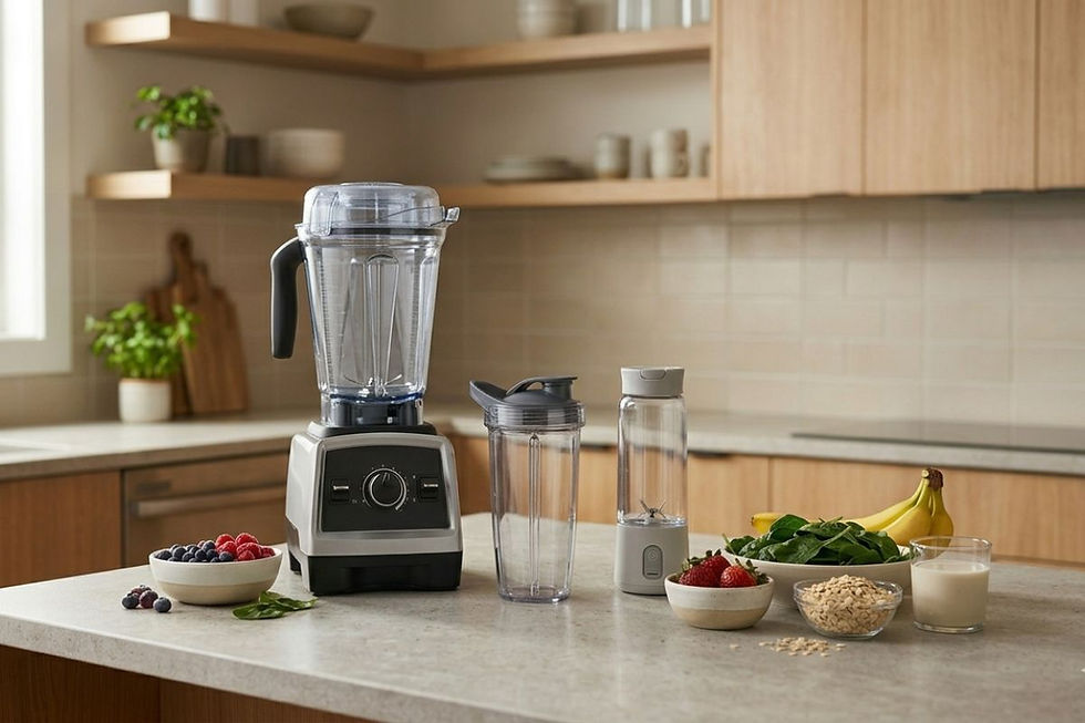 Clear BPA-free blender pitcher, personal blender cup, and portable blender bottle on a neutral kitchen counter.