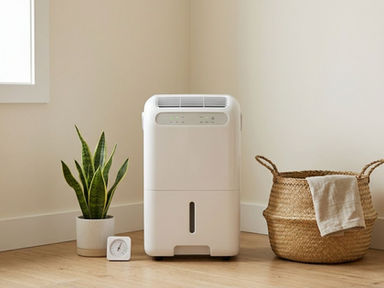 Portable white dehumidifier in a neutral home corner with a plant and woven basket.
