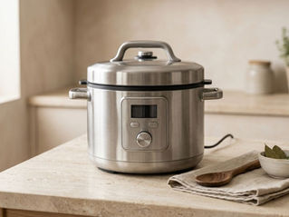 Minimal stainless steel multi-cooker on a neutral kitchen countertop with soft natural light and simple styling
