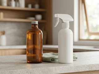Amber concentrate bottle and ready-to-use trigger spray beside a folded cleaning cloth on a kitchen counter.