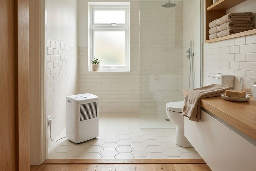 Compact portable dehumidifier placed in a clean bathroom for managing everyday moisture.