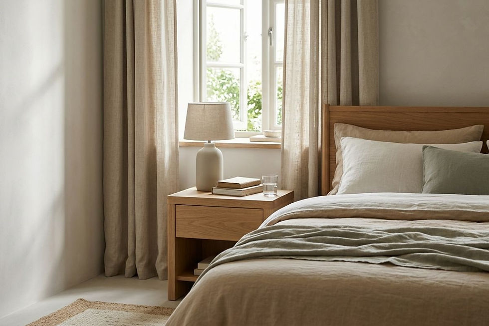 Minimalist bedroom corner with linen curtains, wood bedside table, and neutral bedding representing a cleaner indoor sleep environment
