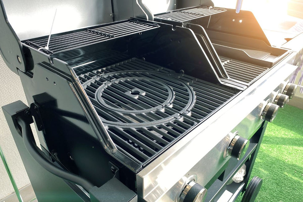 Close-up of stainless steel grill grates and burner design for safer cooking