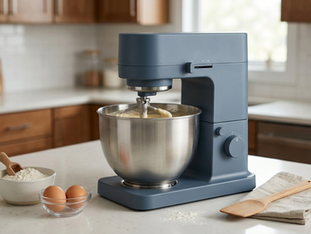 Blue stand mixer mixing batter in a stainless steel bowl on a home kitchen counter.