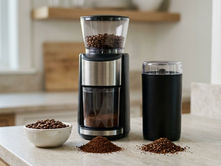 Burr coffee grinder and compact blade grinder beside whole coffee beans and two piles of ground coffee.