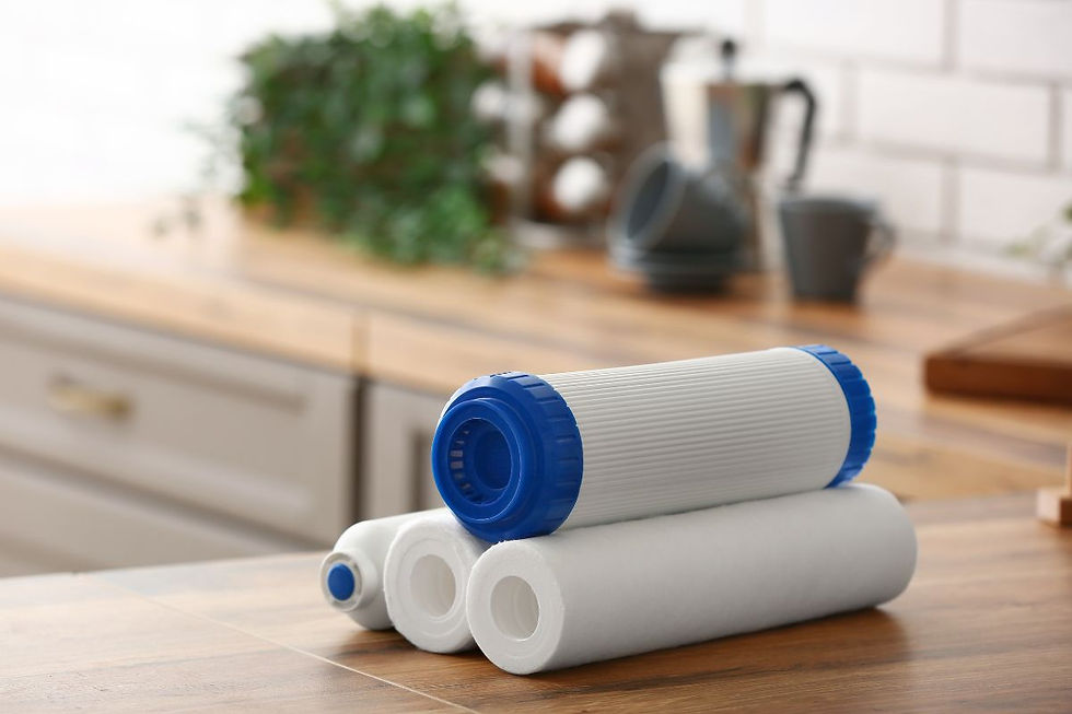 Set of clean white and blue water filter cartridges on a wooden countertop