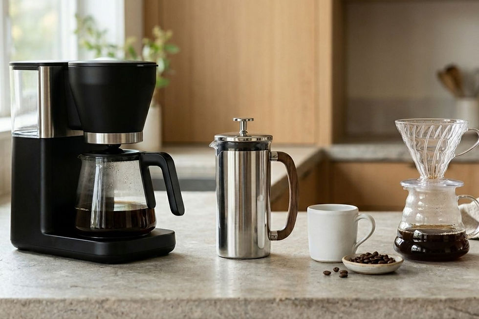 Drip coffee maker, stainless steel French press, and glass pour-over setup arranged on a neutral kitchen countertop.