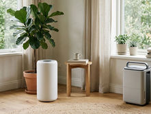 Air purifier and dehumidifier placed in a calm home corner to compare indoor air filtration and moisture control.