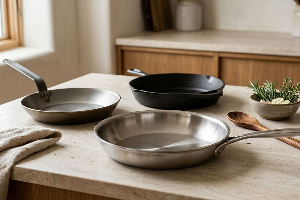 Stainless steel and cast iron frying pans on a calm kitchen countertop with natural light and neutral cookware accents.