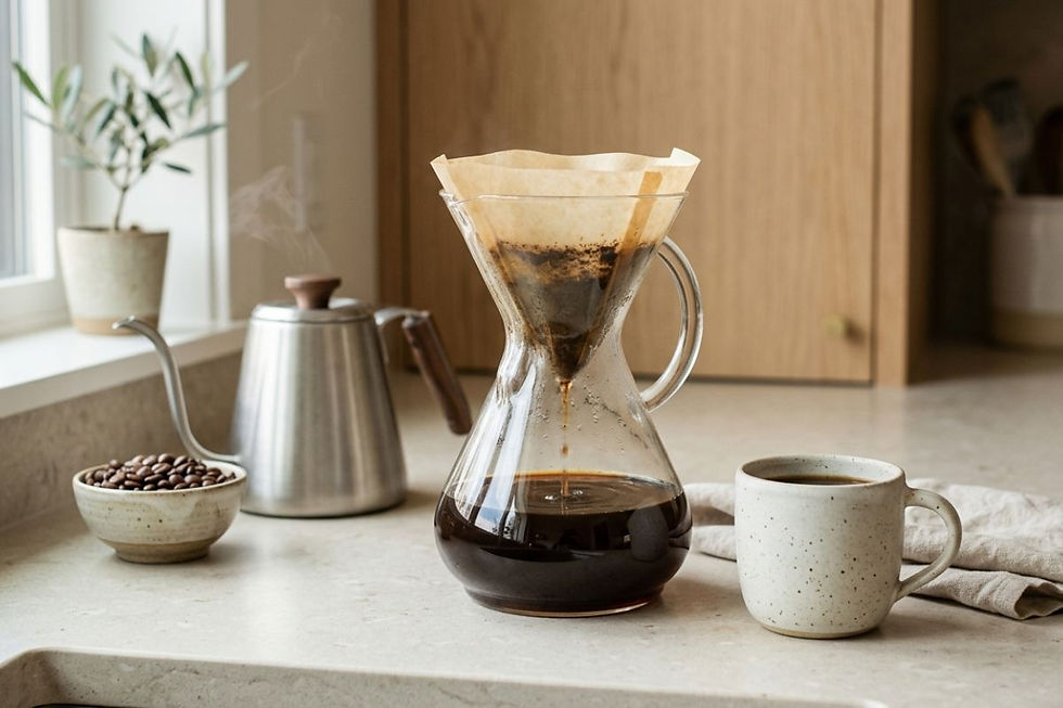 Glass pour-over coffee maker brewing coffee on a neutral kitchen countertop with a stainless steel kettle and ceramic mug.