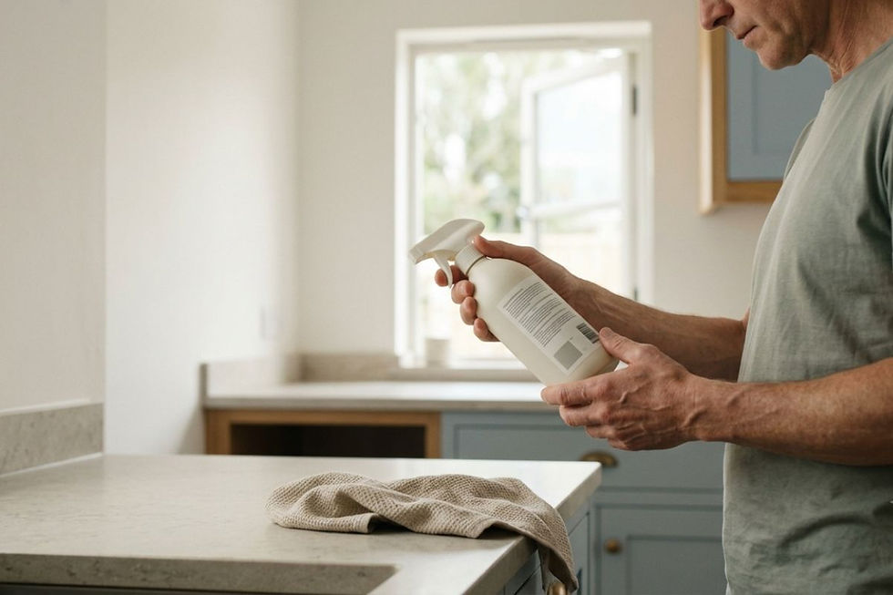 Person reading the back label of a household cleaning spray before use in a naturally ventilated kitchen.