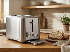 Stainless steel toaster on a wooden kitchen counter with artisan bread and a neutral linen cloth