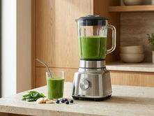 Glass jar blender with stainless steel base and green smoothie in a modern neutral kitchen