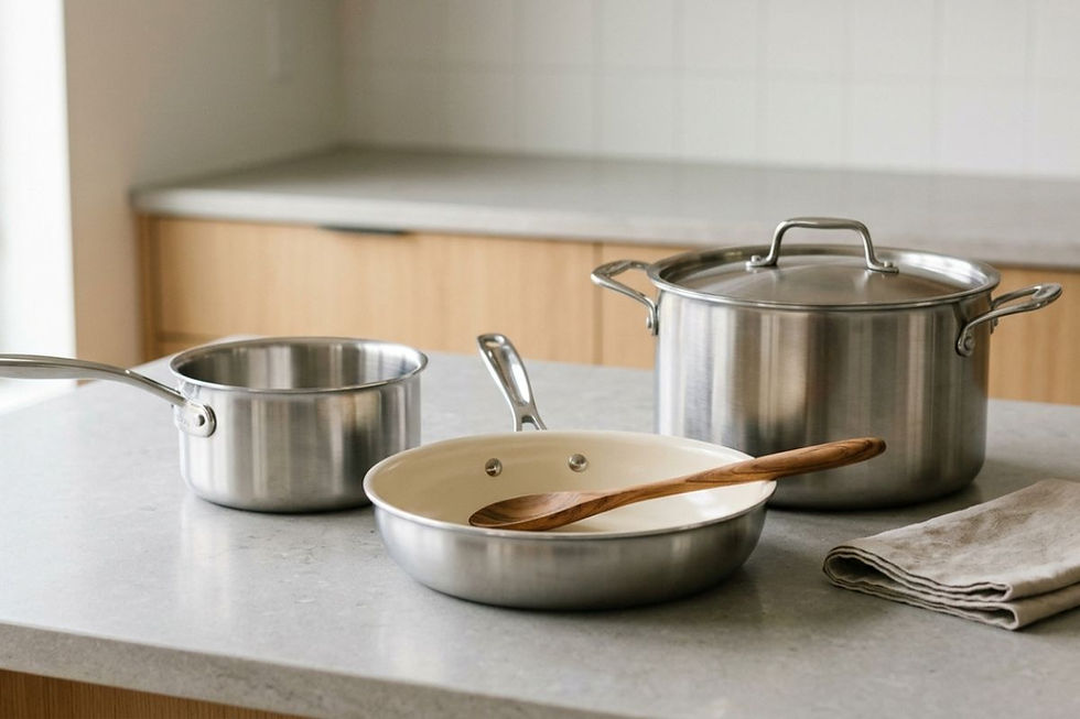 Minimal cookware set with stainless steel pots and a ceramic skillet on a light kitchen countertop