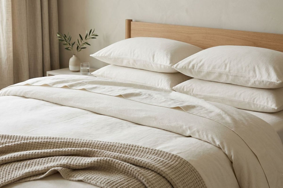 Neatly styled bed with soft white organic-style sheets and layered pillows in a minimal neutral bedroom.