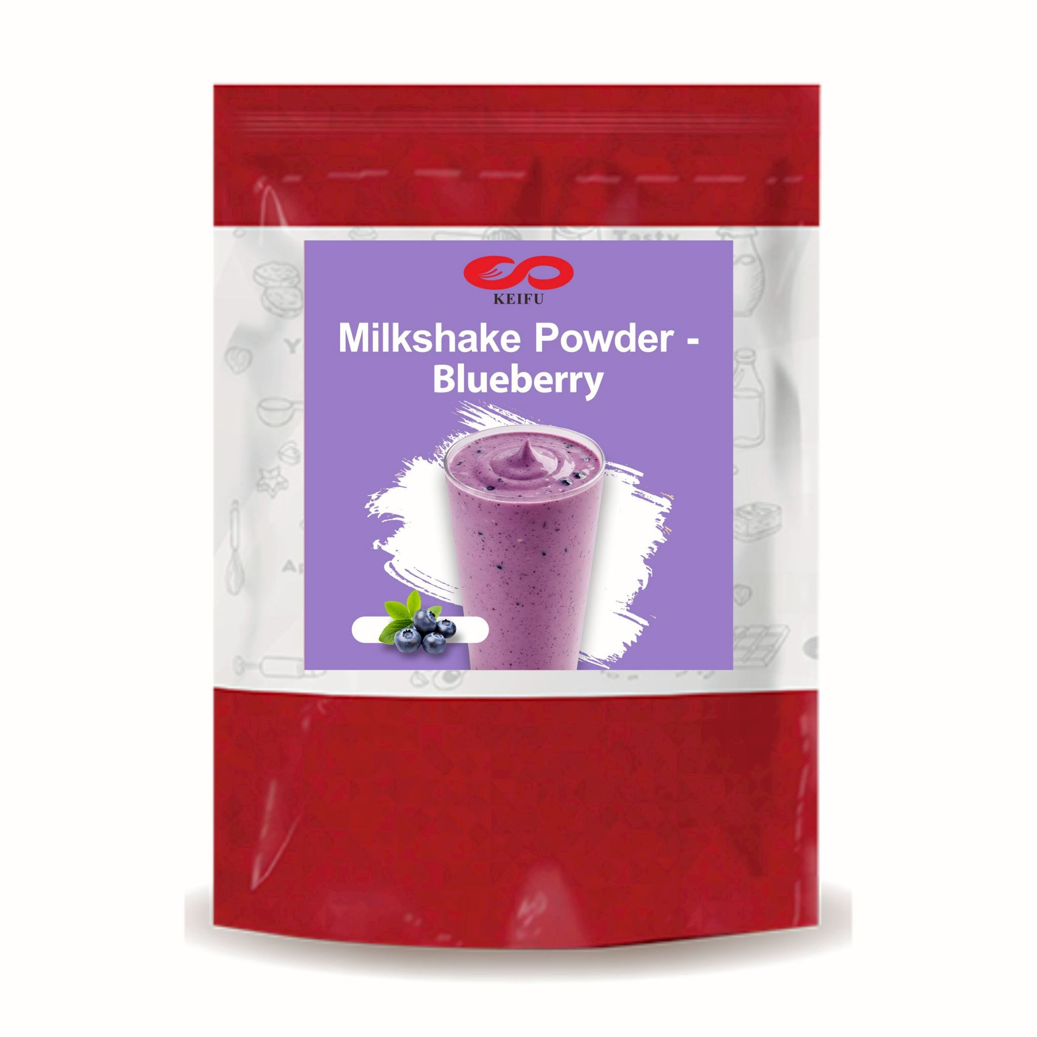 Blueberry Milkshake Powder packaging featuring an illustration of fresh blueberries and a creamy shake.