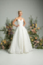 Front view of ‘october symphony’ PF489 by Purple Fox Mikado ball gown with sweetheart neckline and pleated bodice