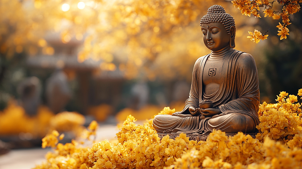 Buddha statue surrounded by vibrant yellow flowers.