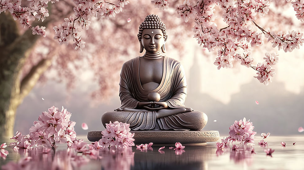 Buddha statue in meditation, surrounded by pink cherry blossoms, on a reflective surface.