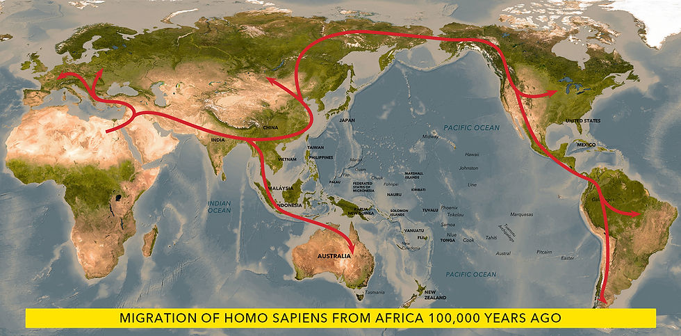 Map showing the migration of Homo Sapiens from Africa 100,000 years ago.