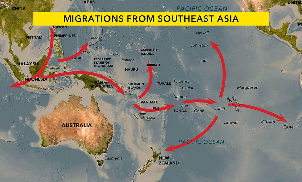 Map showing migration directions from South East Asia to the pacific region and New Zealand