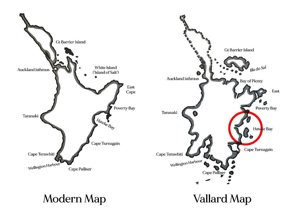 Two maps labeled Modern Map and Vallard Map show New Zealand with notable locations. Vallard Map has a red circle around Hawke Bay.