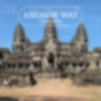 Ancient Angkor Wat temple with tourists exploring. Clear blue sky overhead.