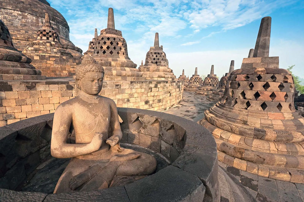Sitting buddha on top of Borobudur Temple in Indonesia
