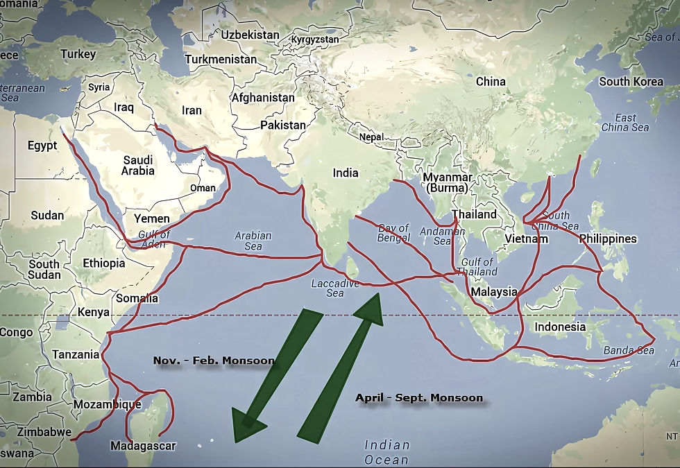 Map of trade routes around the Indian Ocean 2,000 years ago with red lines. Green arrows indicate monsoon direction changes.