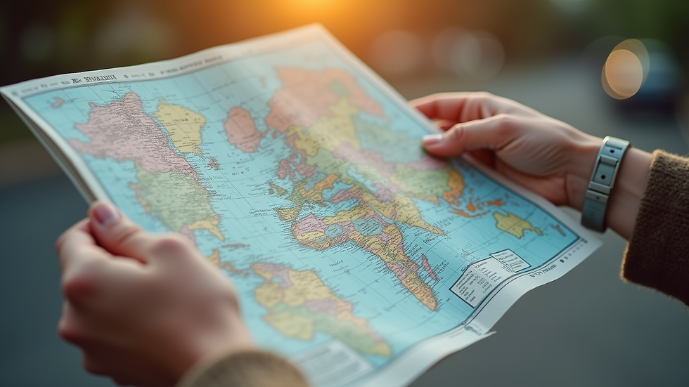 Eye-level view of a traveler’s hands holding a detailed map and itinerary